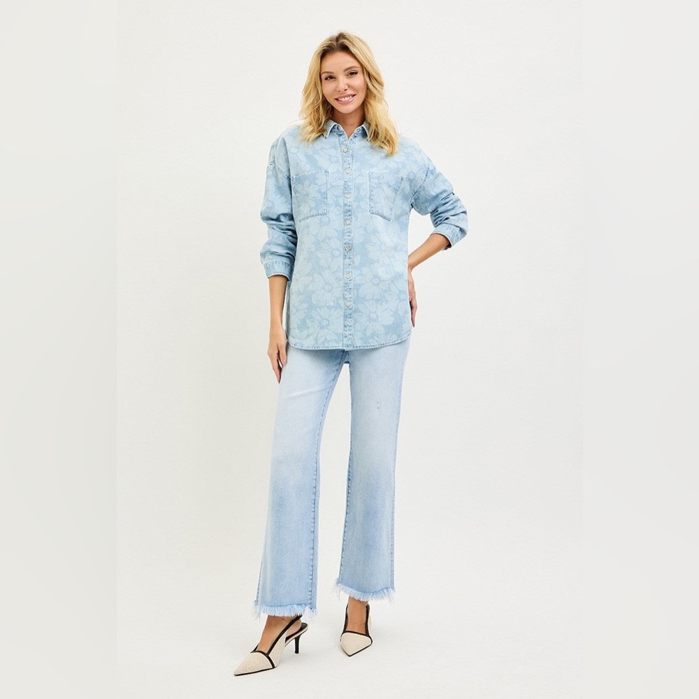 Floral Print Denim Button Down Shirt - Risen - Picture 6 of 6